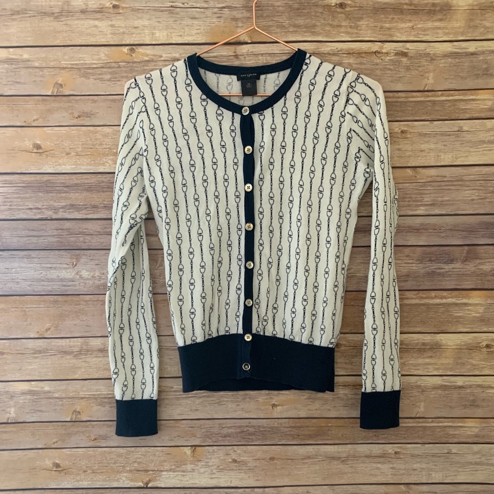 Ann Taylor Loft white and navy blue cardigan